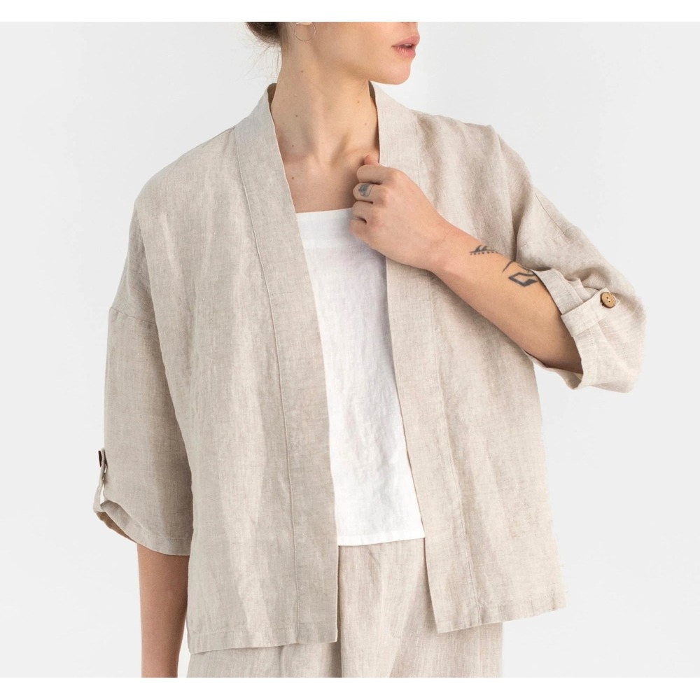 Magic Linen Linen Kimono Jacket Open Front Cream Small